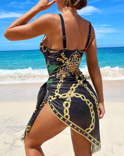 Darius - Push-Up One-Piece Swimsuit with Decorative Chain Details and Beach Skirt