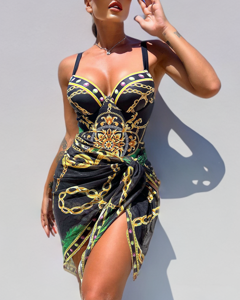 Darius - Push-Up One-Piece Swimsuit with Decorative Chain Details and Beach Skirt